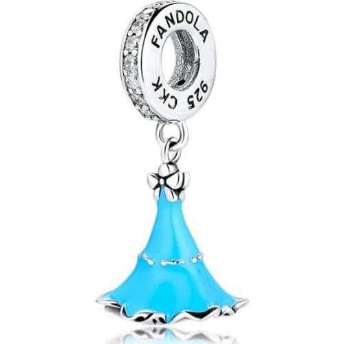 Fandola CKK 925 Sterling-Silver-Jewelry Princess Blue Dress Dangle Charm Fits Pandora Bracelets Jewelry Making Necklace Pendants