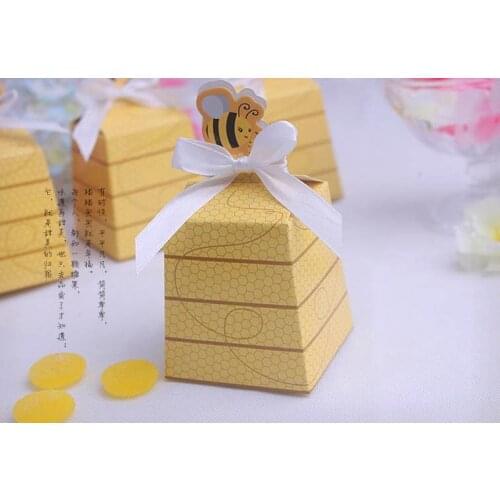 1000 pcs European Yellow Bee Style Baby Shower Birthday Party Wedding Favors Candy Boxes Gift Box with White Ribbons