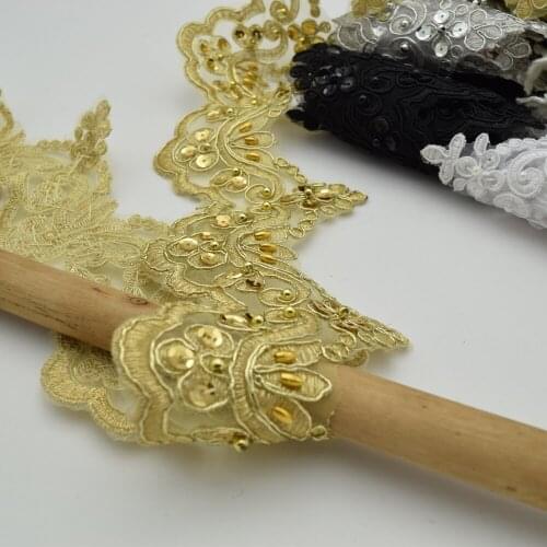 5yards Gold silver white Bridal Lace Trim Organza beaded Pearls Sequins for DIY Wedding Dresses garment Craft