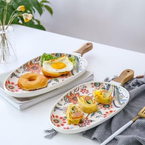 Butterfly Love Flower Series High Temperature Matte Glazed Wooden Handle Oval Steak Plate Western Food Plate Ceramic Plate