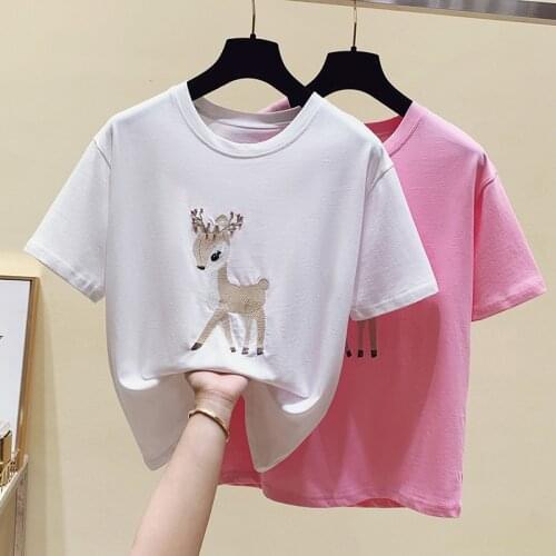 Oversized Embroidery Tees T Shirt Women Kawaii Clothes Pink Short Sleeve T-shirt Summer Tops Loose White Tee Shirt Cotton 2021