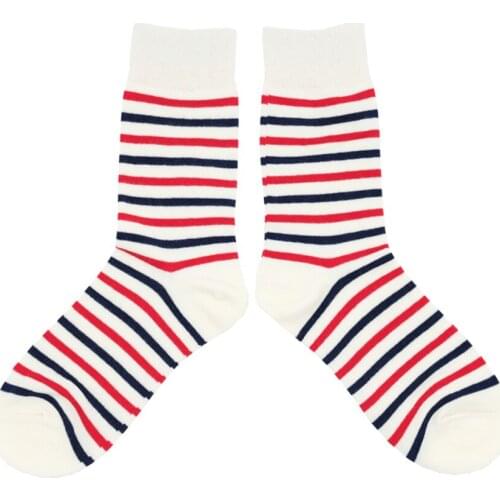Spring Autumn Ms. Cotton Crew Socks Harajuku Style Fashion Red and Blue Stripes Street Joker Breathable Funny Happy White Socks