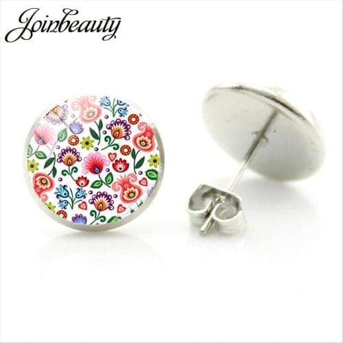 JOINBEAUTY Polish Folk Flower Printing Stud Earrings Glass Cabochon Metal Color Earring Christmas Gifts For Women Girl PF32