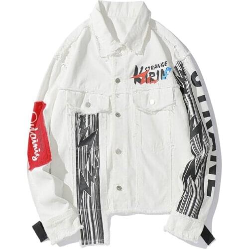 Streetwear ribbon graffiti white denim jacket mens jacket oversized single-breasted hip-hop denim jacket casual jacket