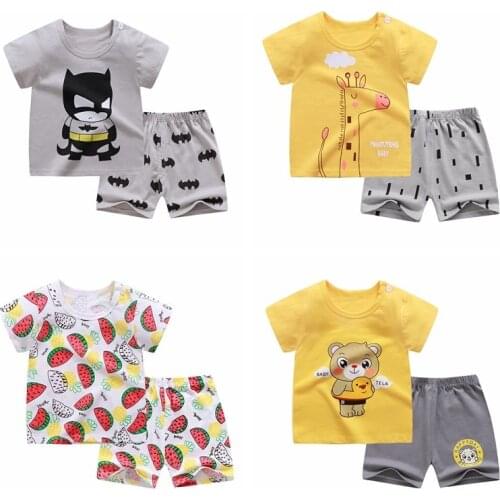 Summer Infants Boys Girls Clothing Sets Cartoon Bear Print Children Kids Round Neck Short Sleeve T-shirt+ Pants Outfits Set