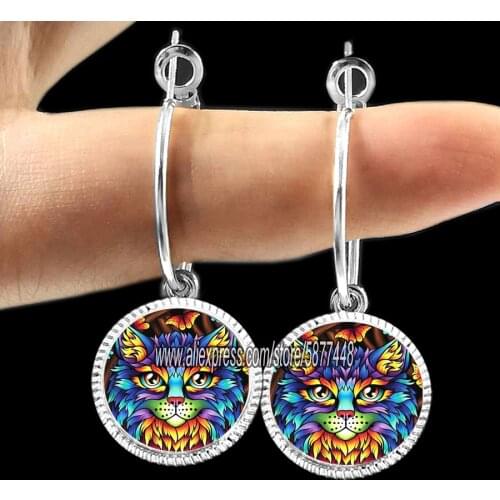 Cute Animal wolf Women Dangle Earring, Tiger and cat oil Painting Hoop Earring, Art Photo Glass Cabochon Girl Drop Earring