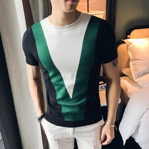 Fashion Summer Contrast Splice Short Sleeve Mens Knitting T Shirt Casual T-Shirts Slim Fit 3 Color Streetwear TShirt Homme