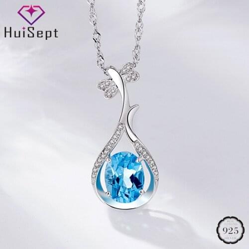 HuiSept Trendy Necklace 925 Silver Jewelry Oval Shape Sapphire Zircon Gemstone Pendant Ornament for Women Wedding Gift Wholesale