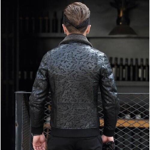 Geniune Bomber Jacket Men Sheepskin Leather Black Camouflage Down Cotton Winter Warm Thick Coat CG16J036MF409