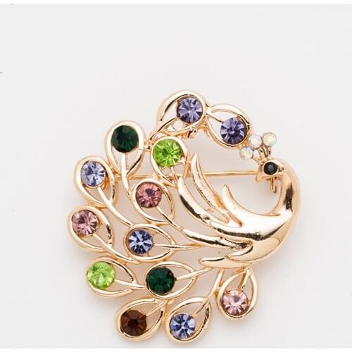 MZC Cute Colorful Peacok Brooch Rhinestone Animal Brooches for Womens Male Bird Dress Designer Broches Imitation Crystal Jewelry