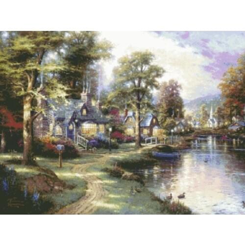 Needlework,embroidery,DIY 4CT Unprinted Cross stitch kits,Lake Villa cottage scenic Pattern counted Cross-Stitching decor