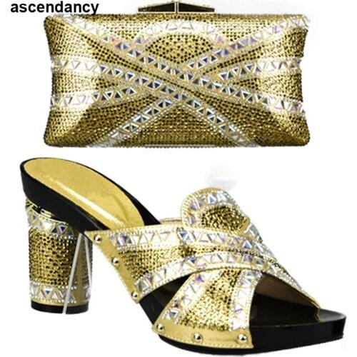 Latest Gold Color African Matching Shoes and Bags Italian In Women Matching Italian Shoe and Bag Set Gold Italian Shoe Bag Set