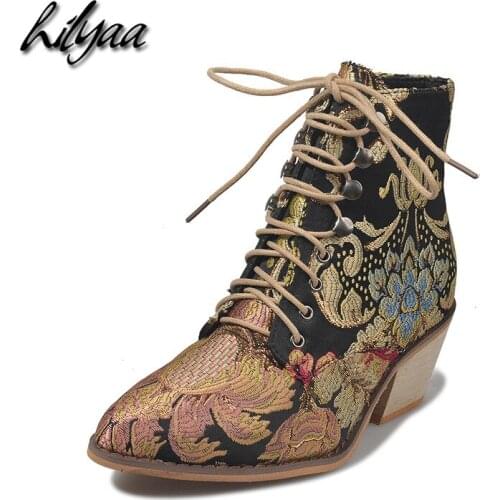New Women Retro Ankle Boots High Heels Pu Pigskin Embroidery Lace-up Square Heel Female Shoes Big Size Spring Boots Women 2020