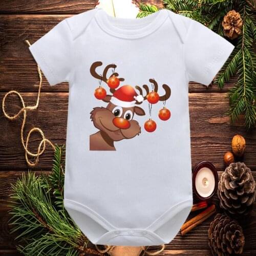 Merry Christmas Reindeer Graphic Printed New Fashion Newborn Cute Cartoon Baby Romper Infant Short Sleeve White Onesies