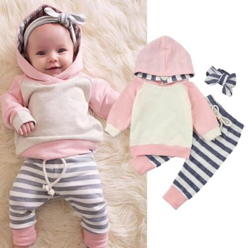 2021 autumn Newborn Baby Girls Clothes Striped Hoodies Tops Pants Leggings hat Outfit 3PCS Baby Clothing Set for infant kid boy