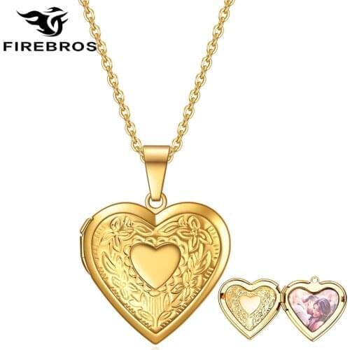 FIREBROS 2021 Trendy Gold Silver Color Stainless Steel Retro Heart Locket Necklace Photo Frame Pendant Women Vintage Jewelry