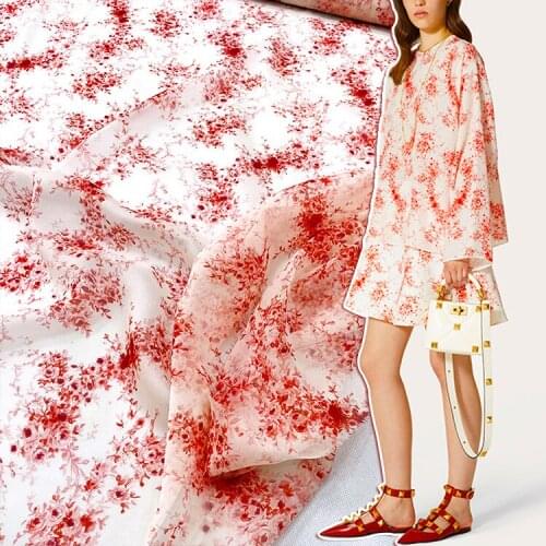 V Brand New Polyester Fashion Imitation Silk Georgette Printed Fabric Red Shirt Dress Custom Fabric For Sewing By The Yard Cloth