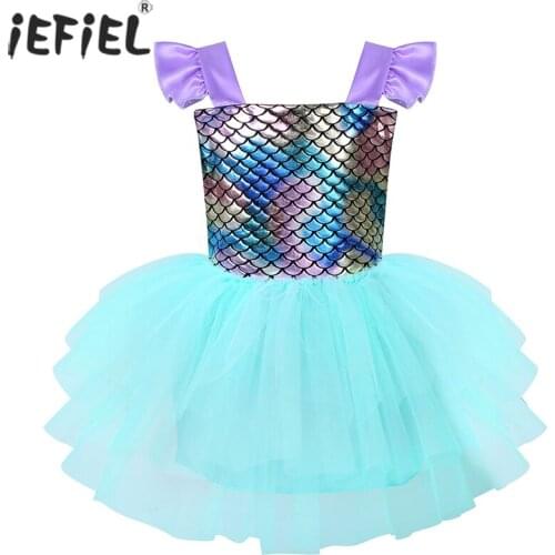 Girls Mermaid Mesh Tutu Dress Princess Birthday Party Dresses For Girl Halloween Cosplay Costume Kids Fish Scales Backless Dress