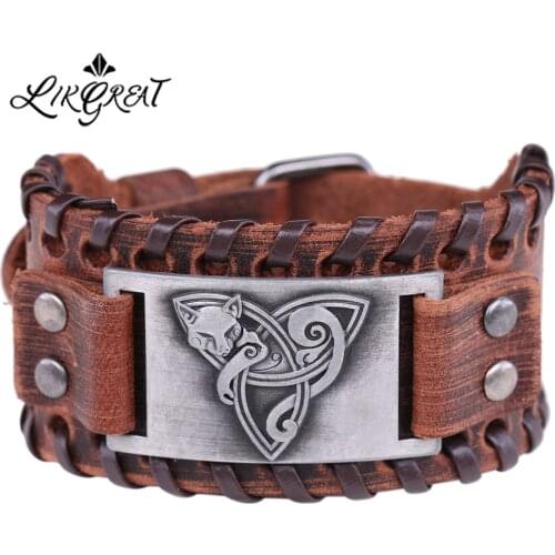LIKGREAT Viking Jewelry Leather Bracelet Fox Triquetra Fenrir Animal Teen Wolf Trinity Faith Blessing Cuff Bracelets Snap Button