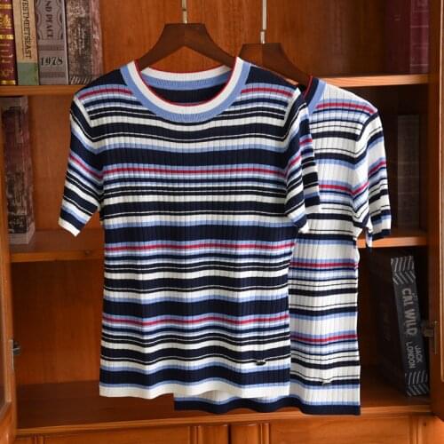 Chic womens high quality Stripe Knit T-shirt 2020 Spring summer fashion women knit Tee tops B863
