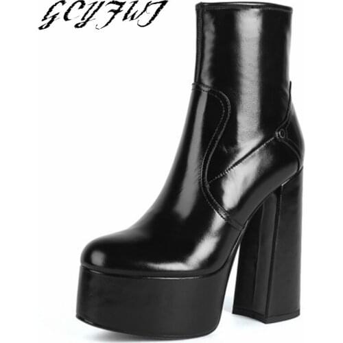 Womens Mid Calf Boots Zipper-Sid Crude Heel Round Toe Falt Platform Female Shoes Super High Heel 14.5 Solid Color Ladies Boots