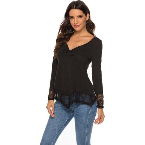 Women T-Shirts 2021 Fashion Deep V-Neck Office Tops Long-Sleeved Cotton Blend Solid Color Casual Camisetas Verano Mujer 2021