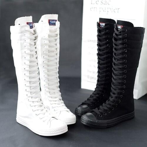 2022 Spring Autumn Women Shoes Canvas Casual High Top Shoes Long Boots Lace-Up Zipper Comfortable Flat Boots Sneakers Size 34-43