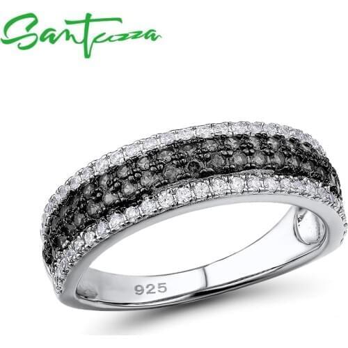 SANTUZZA 925 Sterling Silver Rings For Women Natural Stone Black Stones Round Cubic Zirconia Fine Jewelry Rings For Women Ring