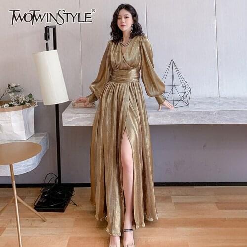 TWOTWINSTYLE Elegant Gold Split Evening Dress Female V Neck Lantern Long Sleeve High Waist Maxi Dresses For Women 2021 Style New