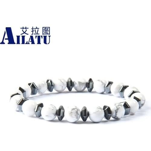 Ailatu Brand Jewelry Wholesale New Design 8mm White Howlite and Black Matte Onyx Stone Beaded Couples Lovers Bracelet