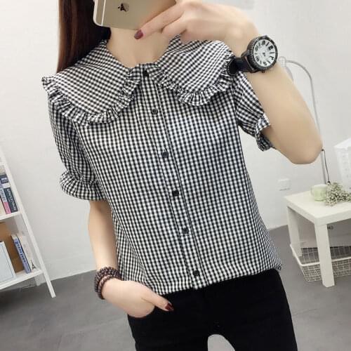 Blouse Women Shirt Summer Black White Short Sleeves Plaid Women Loose Top Ruffled Coat Blusas Mujer De Moda