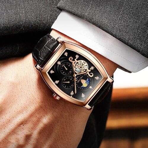 TEVISE Tourbillon Mens Watch Top Brand Luxury Belt Watch Men Automatic Mechanical Wristwatch Skeleton Sport Male Rose Gold Clock