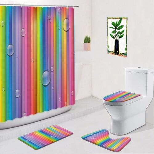 Color Stripes Shower Curtain Geometric 3D Water Drops Bathroom Decor Non Slip Flannel Carpet Bath Mat Door Pad Toilet Cover Set