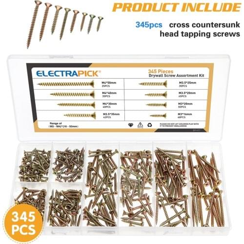 Electrapick 345pcs Color-plated Zinc M3 M3.5 M4 Cross Phillips Round Head Self Tapping Screw Set Wood Screws Assortment Boxed