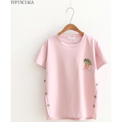 Japan Sweet Preppy Style Potted Embroidery O-neck Short Sleeve Loose Casual Pink T shirt Female Summer Cotton Girl harajuku tops