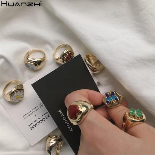HUANZHI 2020 New Glaze Enamel Butterfly Heart Tortoise Insect Daisy Flower Gold Color Metal Rings for Women Girls Jewelry