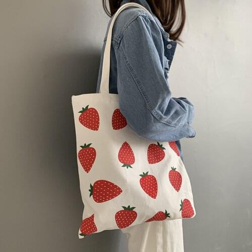 Fashion Canvas Women Shopping Handbags Strawberry Girls Student Shoulder Bags Large Capacity Eco Reusable Ladies Casual Tote