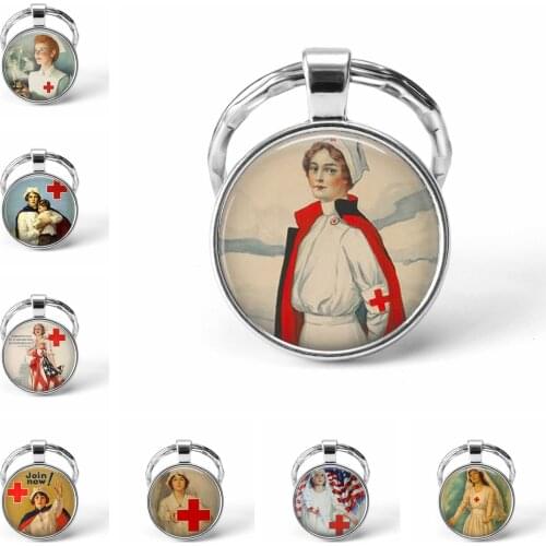 Fashion Vintage Nurse Picture Keychain Glass Cabochon Pendant Charm Keyring Car Key Man Women Favorite Gift Souvenir