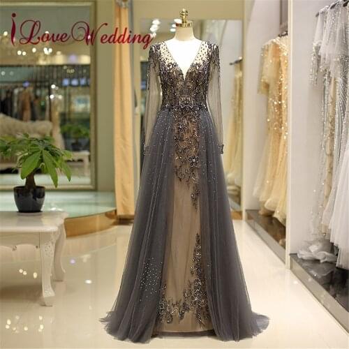 New Arrival Formal Evening Gown Sexy V Neck Long Sleeves Heavy Major Beaded Navy Grey Evening Dresses Long Vestidos Largos