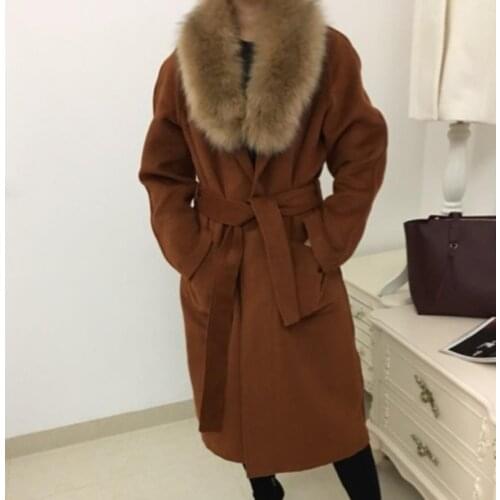New arrival winter Fox fur collar cashamere coat women double-sided loose long overcoat with belt