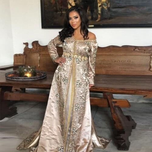 Charming Ivory Appliques Beaded Moroccan Kaftan Evening Dresses Beige Muslim Prom Gown Long Sleeves Evening Gown robe de soiree