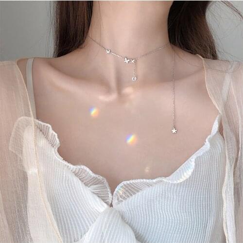 Sparkling Zircon Butterfly Long Tassel Necklace 925 Sterling Silver Clavicle Chain Choker Necklace For Women Wedding Gift NK031