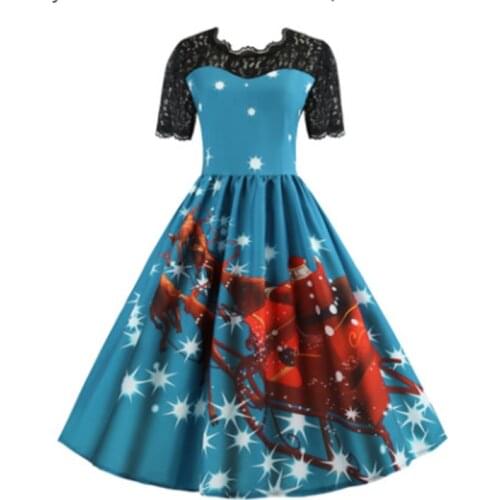 Womens Dress New Santa Christmas Dress Women Lace Patchwork Christmas Musical Notes Print Vintage Flare Long Sleeve Fashion