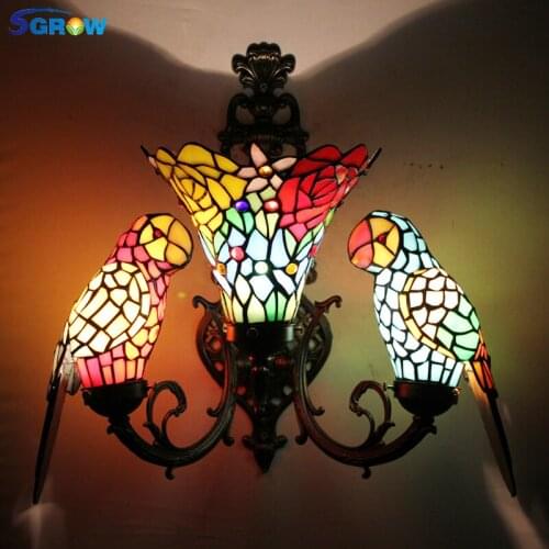 SGROW Tiffany Art Sconce Wall Light for Bedroom Dining Room Stained Glass Parrot Wall Lamp Led Lights Indoor Lighting Fixtures