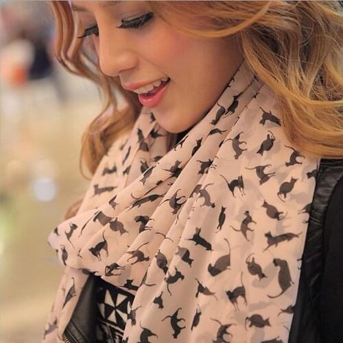New Fashion Womens Chiffon Colorful Printed Sweet Cartoon Cat Kitten Scarf Graffiti Style Shawl Girls Christmas Gift