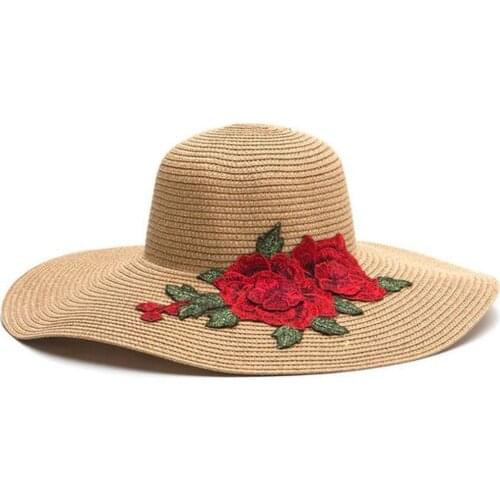 Straw Rose Embroidery Sun Hats Women Summer New Seaside Beach Vacation Style Fashion Sunscreen Hats for Ladies