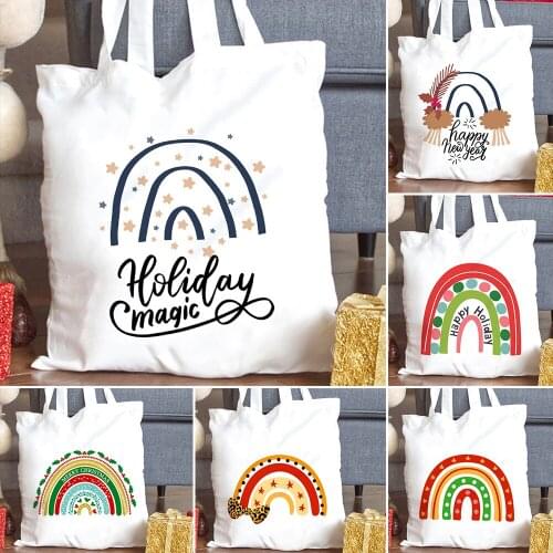 Merry Christmas Rainbow Printing Shoulder Bag Women Casual Canvas Tote Bags Eco Storage Reusable Handbag Happy New Year Gifts