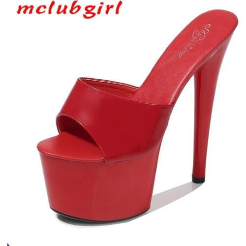 Mclubgirl 2020 New Patent Leather Fish Toe Special High Heels Fine Sexy Black Platform Heels Slippers Female Summer LFD