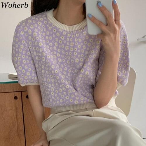 Woherb 2021 Summer Knitted Women Puff Sleeve Tee Shirt Loose Floral Print Casual Korean Chic Tops Tshirts Sweet Student T-shirts
