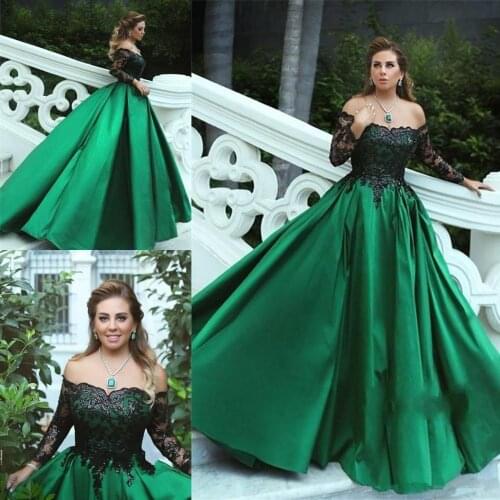 2020 Green Blue Ball Gown Evening Dresses Off Shoulder Long Sleeves Sequins Black Lace Appliques Satin Plus Prom Gowns Party